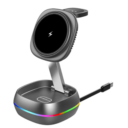 Caricatore Wireless 3 in 1 Pieghevole 15W con Luce RGB – iPhone, AirPods & Apple Watch - WX681