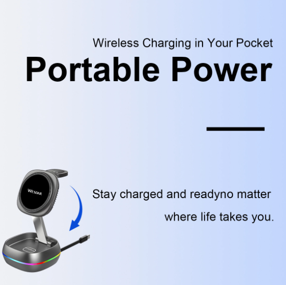 Caricatore Wireless 3 in 1 Pieghevole 15W con Luce RGB – iPhone, AirPods & Apple Watch - WX681