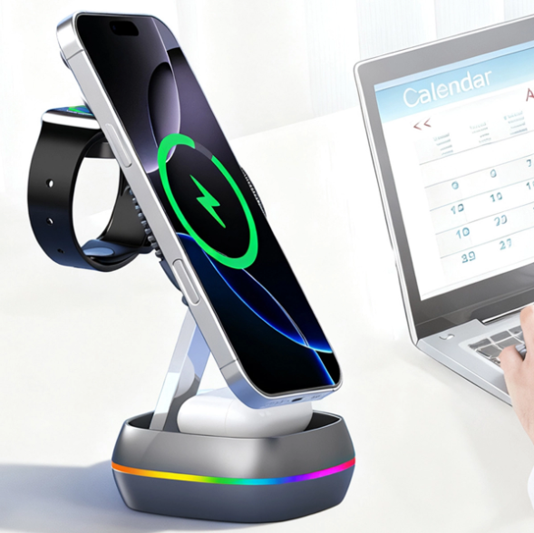 Caricatore Wireless 3 in 1 Pieghevole 15W con Luce RGB – iPhone, AirPods & Apple Watch - WX681