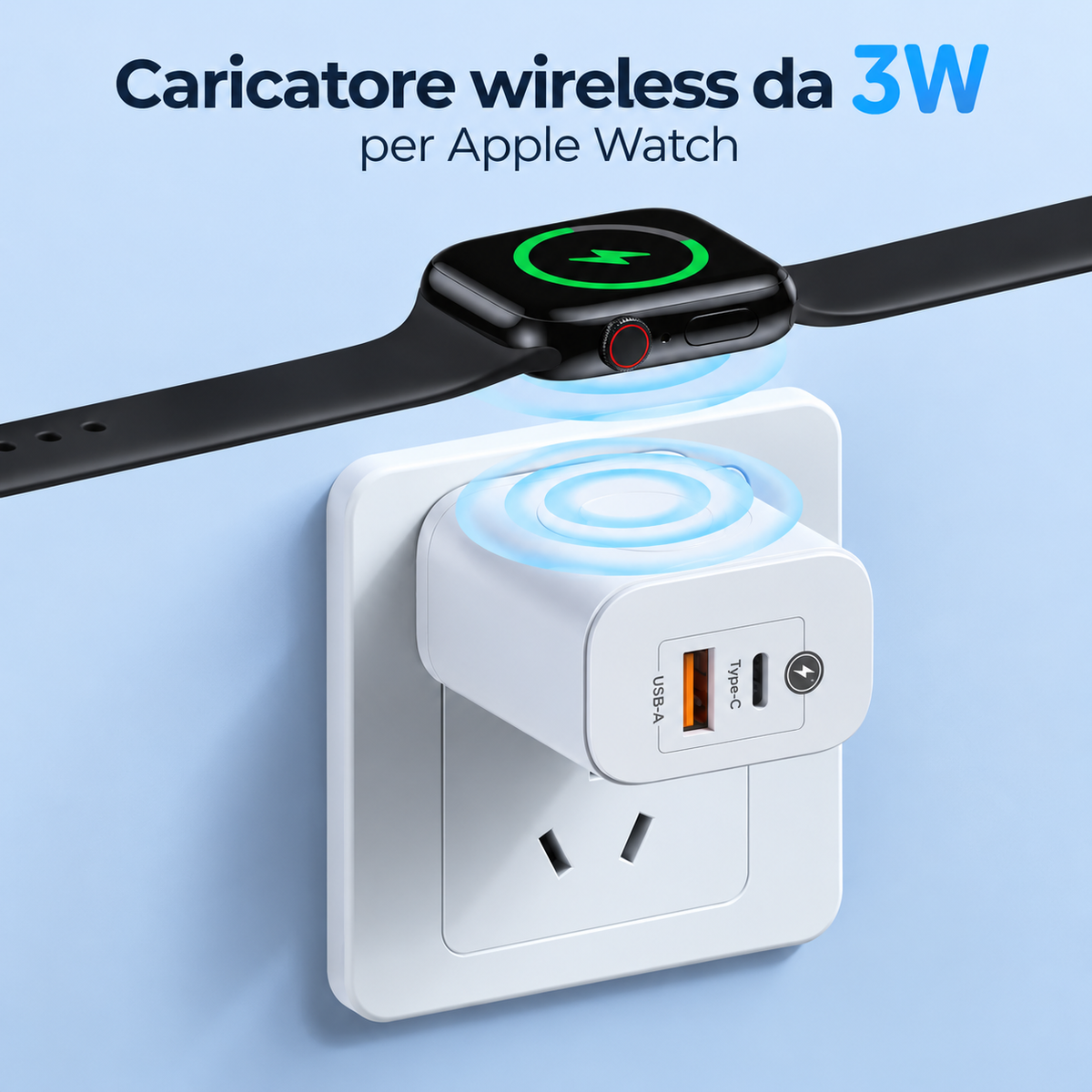 Caricatore Rapido 3 in 1 da 20W con Ricarica Wireless Magnetica 3W per Apple Watch, Alimentatore PD con Porte USB-C e USB-A, per Smartphone e Smartwatch-CA-23W
