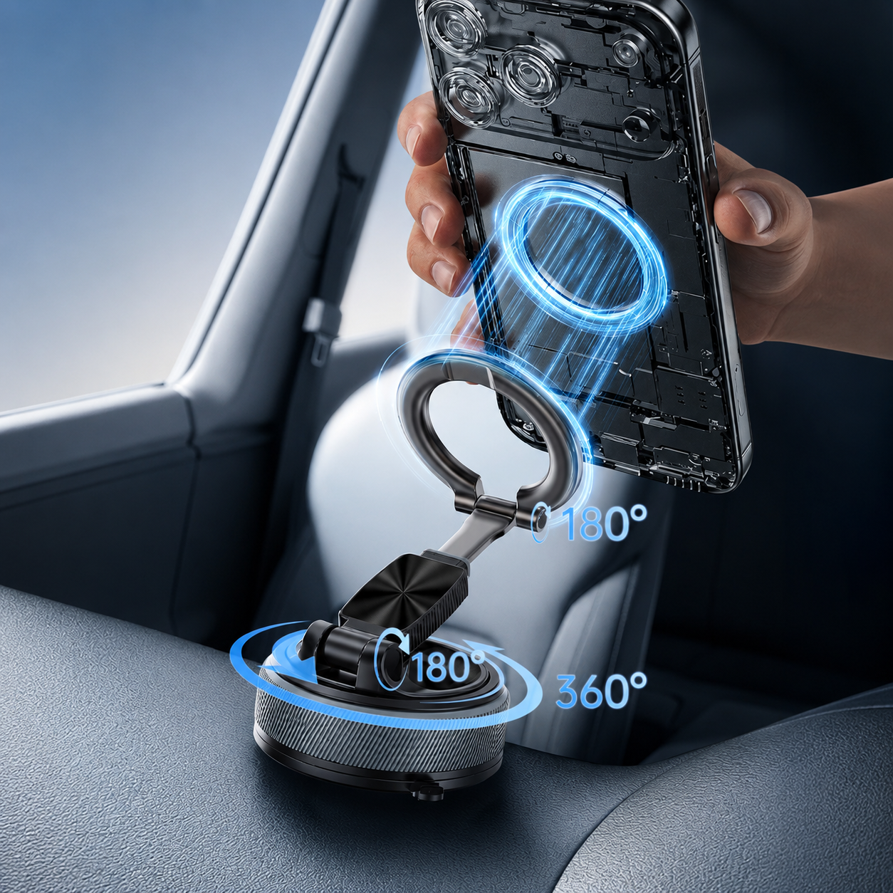 Supporto Magnetico 2 in 1 con Anello MagSafe | Rotazione 360° | Ventosa Ultra Forte Multiuso per Auto, Casa e Uso Quotidiano - A20