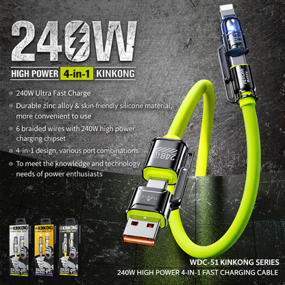 Cavo di Ricarica Rapida 4 in 1 da 240W 1.2M – USB | USB-C | Type-C | Lightning – Silicone Liquido, Alta Velocità Dati - WDC-51