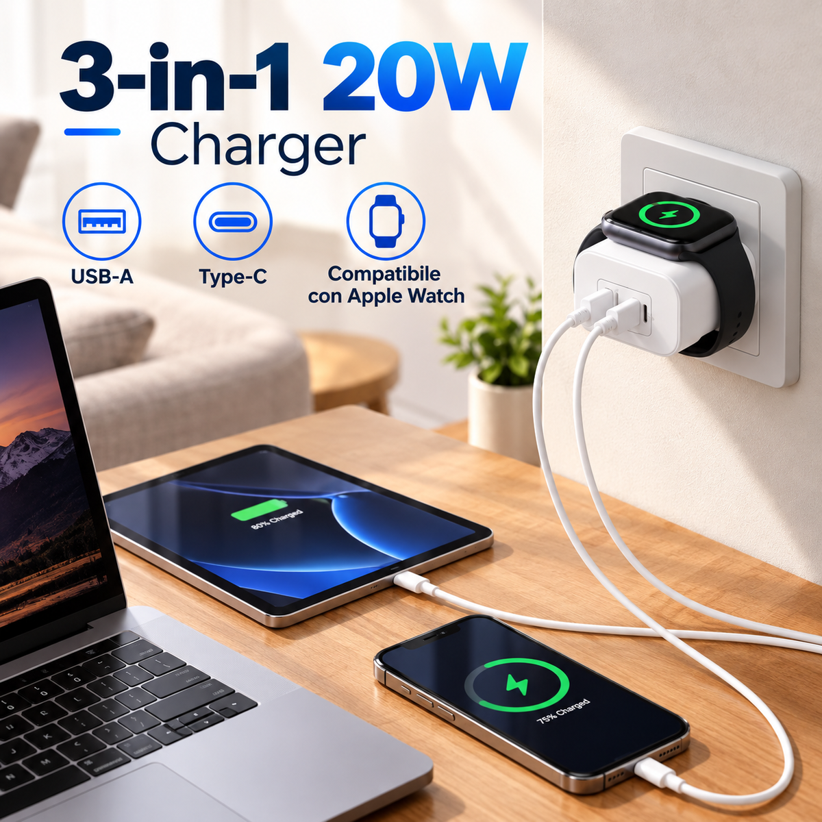 Caricatore Rapido 3 in 1 da 20W con Ricarica Wireless Magnetica 3W per Apple Watch, Alimentatore PD con Porte USB-C e USB-A, per Smartphone e Smartwatch-CA-23W