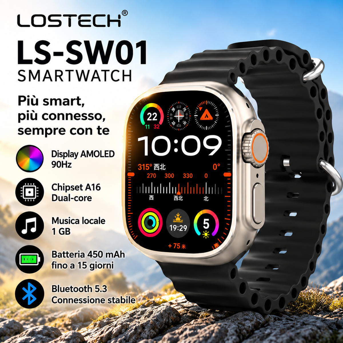 Lostech LS-SW01 Smartwatch AMOLED 90Hz con Chiamate Bluetooth, Monitoraggio Attività, SpO2, Frequenza Cardiaca, Sonno, Bussola e Musica Locale