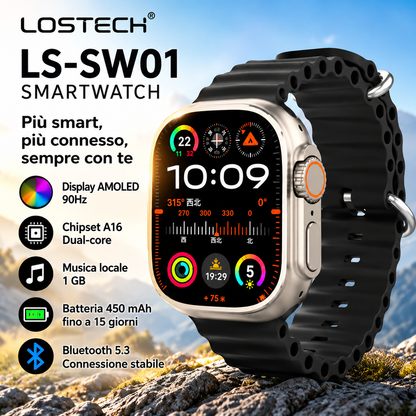 Lostech LS-SW01 Smartwatch AMOLED 90Hz con Chiamate Bluetooth, Monitoraggio Attività, SpO2, Frequenza Cardiaca, Sonno, Bussola e Musica Locale