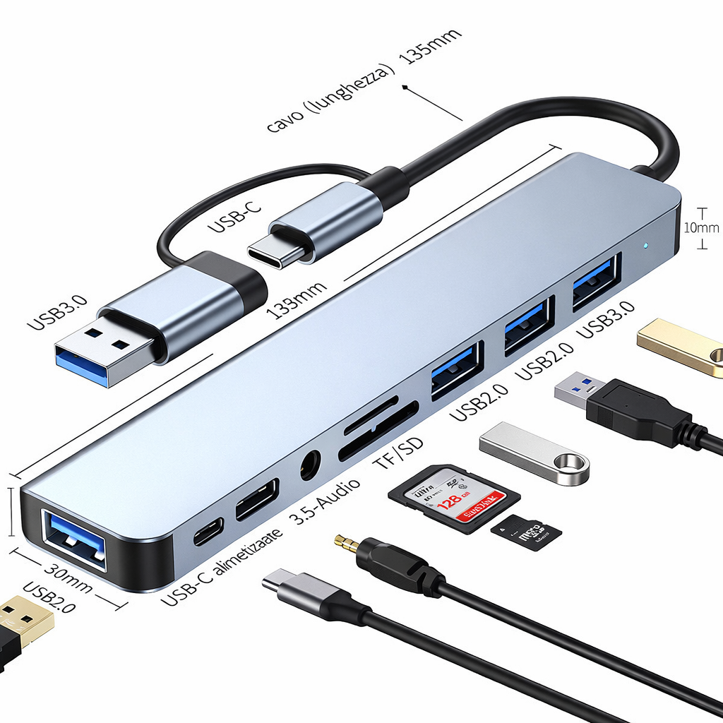 Hub USB C 8 in 1 Adattatore Type-C Multiporta con USB 3.0, USB 2.0, Lettore SD/TF e Jack Audio 3.5mm per Laptop e Tablet - HUB-8+1