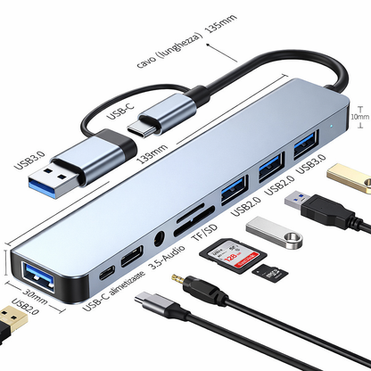 Hub USB C 8 in 1 Adattatore Type-C Multiporta con USB 3.0, USB 2.0, Lettore SD/TF e Jack Audio 3.5mm per Laptop e Tablet - HUB-8+1