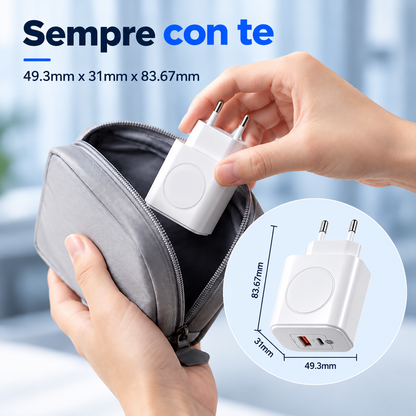 Caricatore Rapido 3 in 1 da 20W con Ricarica Wireless Magnetica 3W per Apple Watch, Alimentatore PD con Porte USB-C e USB-A, per Smartphone e Smartwatch-CA-23W