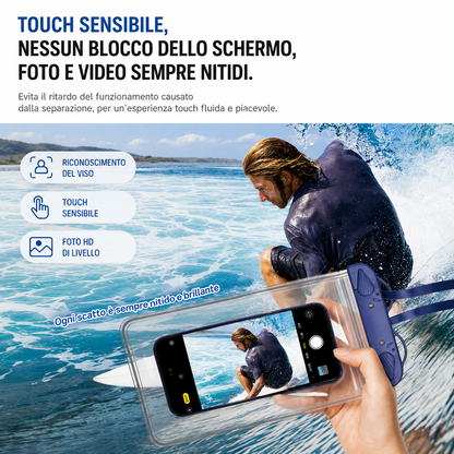 Custodia Impermeabile Universale per Smartphone fino a 8 Pollici con Tracolla Regolabile – Touch Sensibile, IPX8 fino a 30 Metri, Porta Cellulare Waterproof per Mare, Piscina, Spiaggia e Kayak-J011