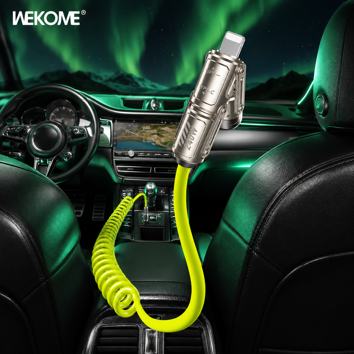 Cavo di Ricarica Rapida per Auto 4 in 1, 240W, Compatibile con CarPlay, Spirale Estensibile fino a 1,8 m, Connettori USB, Type-C e Lightning, per Smartphone e Tablet, Design Antigroviglio – WDC-80