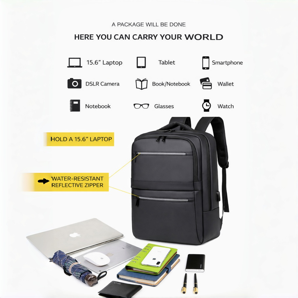 Zaino Business Multifunzionale per Viaggi, Pendolarismo, Lavoro e Uso Quotidiano, con Ricarica USB, Impermeabile, Riflettente e Scomparti Multipli - 2223