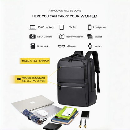 Zaino Business Multifunzionale per Viaggi, Pendolarismo, Lavoro e Uso Quotidiano, con Ricarica USB, Impermeabile, Riflettente e Scomparti Multipli - 2223