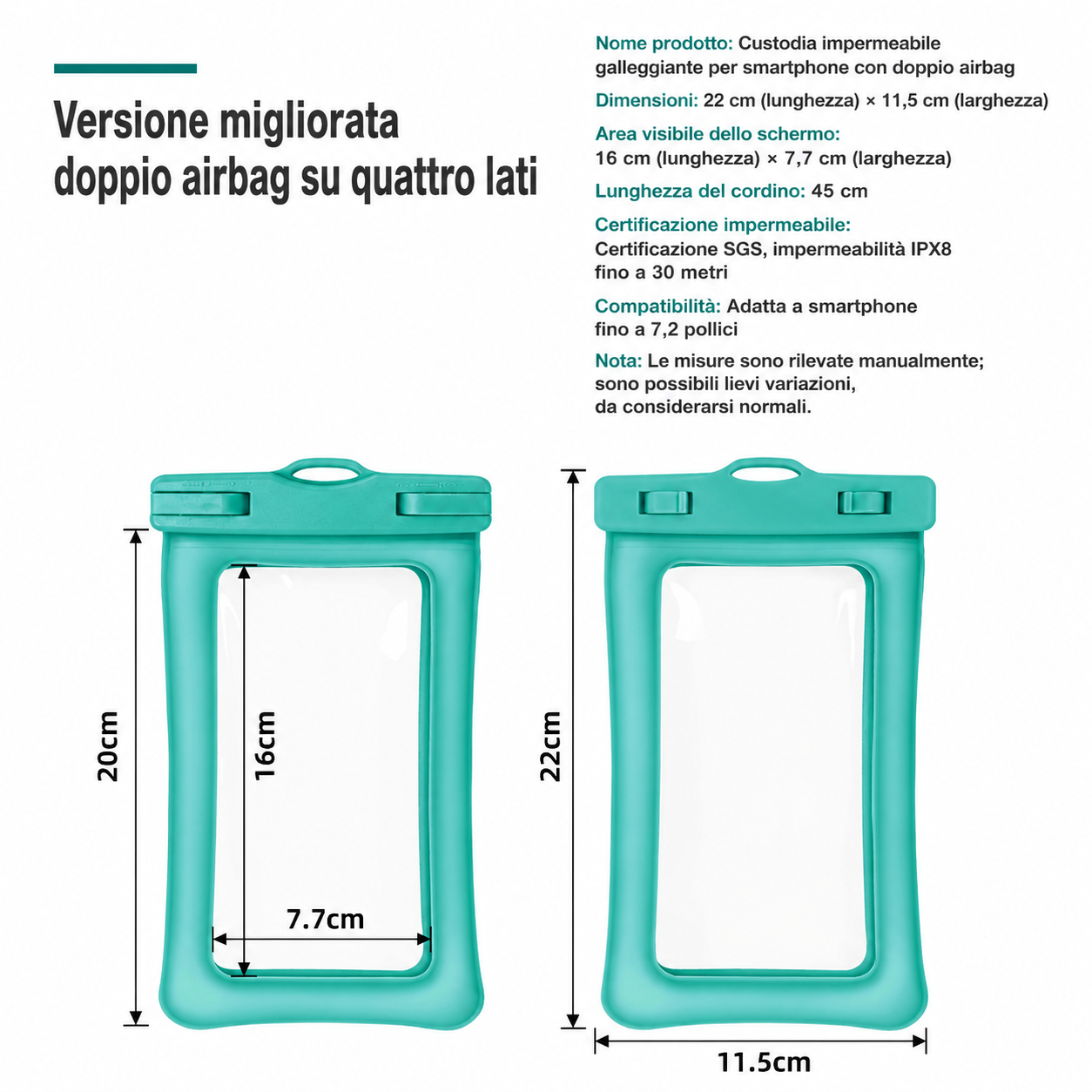 Custodia Impermeabile Galleggiante per Smartphone con Doppio Airbag, IPX8 fino a 30 Metri, Compatibile fino a 7,2 Pollici, TPU Touch ad Alta Sensibilità, per Nuoto, Immersioni e Terme, con Cordino Girevole-J009-2