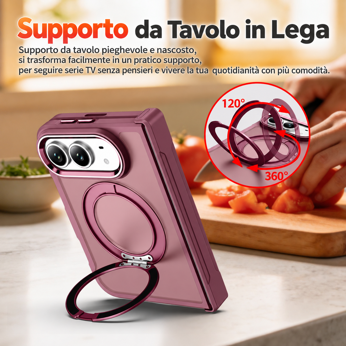 Cover Magnetica Antiurto con Supporto ad Anello 360° per iPhone – Ricarica Wireless e Protezione Fotocamera - DUO02