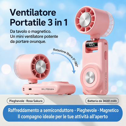 Ventilatore Portatile USB con sistema di Raffreddamento a Semiconduttore | Magnetico con Supporto Pieghevole 180° | Mini Ventilatore Ricaricabile 3600mAh | 100 Livelli di Velocità | Display Digitale -GT22