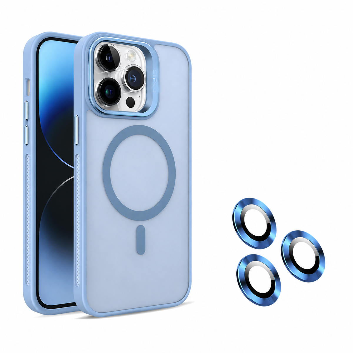 Cover per iPhone con Supporto Fotocamera Integrato - incluso cerchi fotocamere – Semi-trasparente -Compatibile con MagSafe - 1107