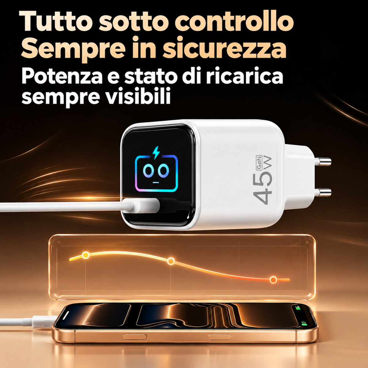 Set Caricatore Rapido GaN 45W con Cavo USB-C Incluso – Display TFT a Colori, Animazioni AI Intelligenti, Schermo Digitale per Monitoraggio Ricarica, Alimentatore da Parete con Spina EU per Smartphone e Tablet – AI-45W