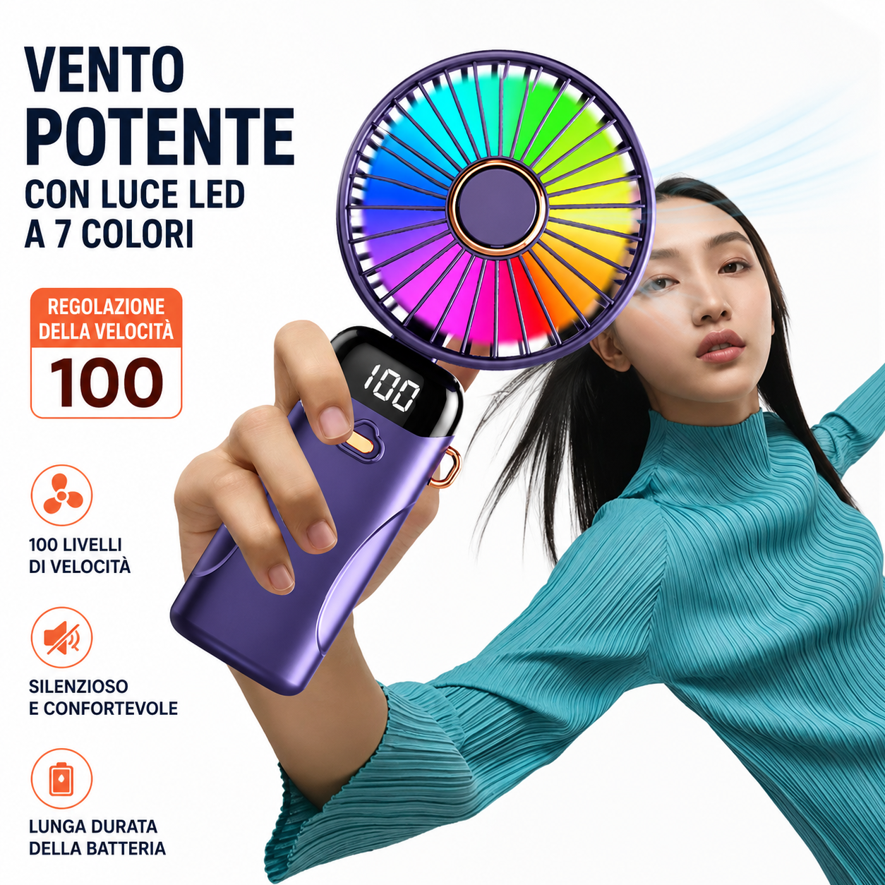 Ventilatore Mini Portatile Pieghevole | Ricarica USB Type-C | Ventilatore da Collo con Laccetto | 100 Livelli di Velocità | Display LED | Regolazione a 90° | Silenzioso | Ventilatore Compatto da Viaggio-N15