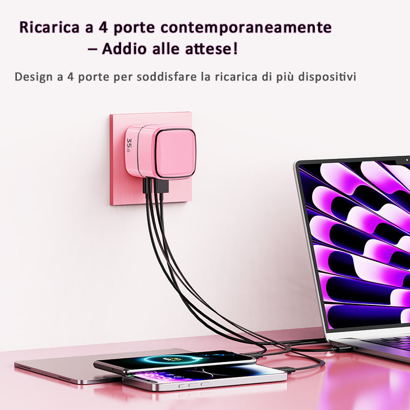 Caricatore GaN 35W Super Fast Charge – 4 Uscite con Doppio Cavo Retrattile Type-C + Lightning Integrato – Compatibile iPhone/Android/Notebook (CG01)