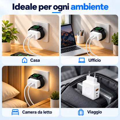 Caricatore Rapido 3 in 1 da 20W con Ricarica Wireless Magnetica 3W per Apple Watch, Alimentatore PD con Porte USB-C e USB-A, per Smartphone e Smartwatch-CA-23W