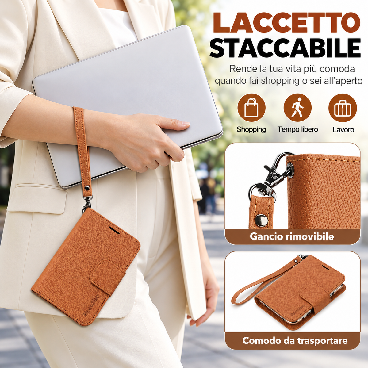 Cover a Libro 2 in 1 Magnetica e Staccabile per iPhone Duo, Custodia Portafoglio in PU con Porta Carte, Supporto Verticale e Orizzontale, Chiusura Magnetica e Laccetto-DUO-L01