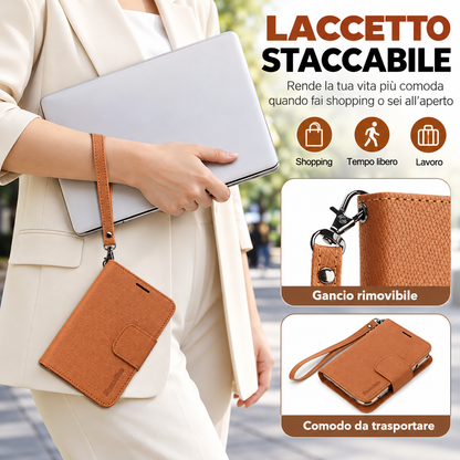 Cover a Libro 2 in 1 Magnetica e Staccabile per iPhone Duo, Custodia Portafoglio in PU con Porta Carte, Supporto Verticale e Orizzontale, Chiusura Magnetica e Laccetto-DUO-L01
