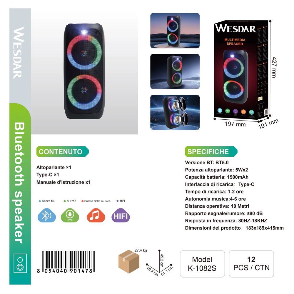 Cassa Bluetooth 10W con Luci RGB – Bassi Potenti e Suono Stereo - S-1082S