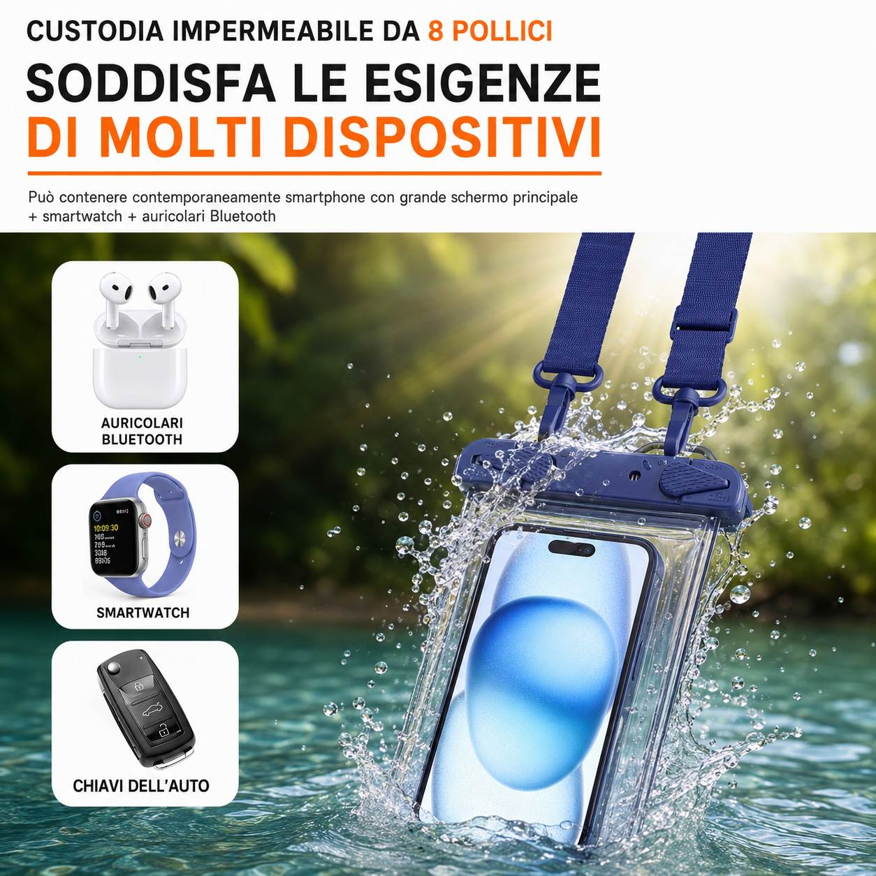 Custodia Impermeabile Universale per Smartphone fino a 8 Pollici con Tracolla Regolabile – Touch Sensibile, IPX8 fino a 30 Metri, Porta Cellulare Waterproof per Mare, Piscina, Spiaggia e Kayak-J011