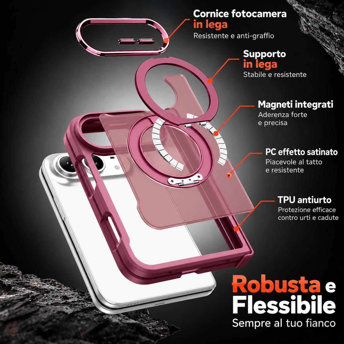 Cover Magnetica Antiurto con Supporto ad Anello 360° per iPhone – Ricarica Wireless e Protezione Fotocamera - DUO02