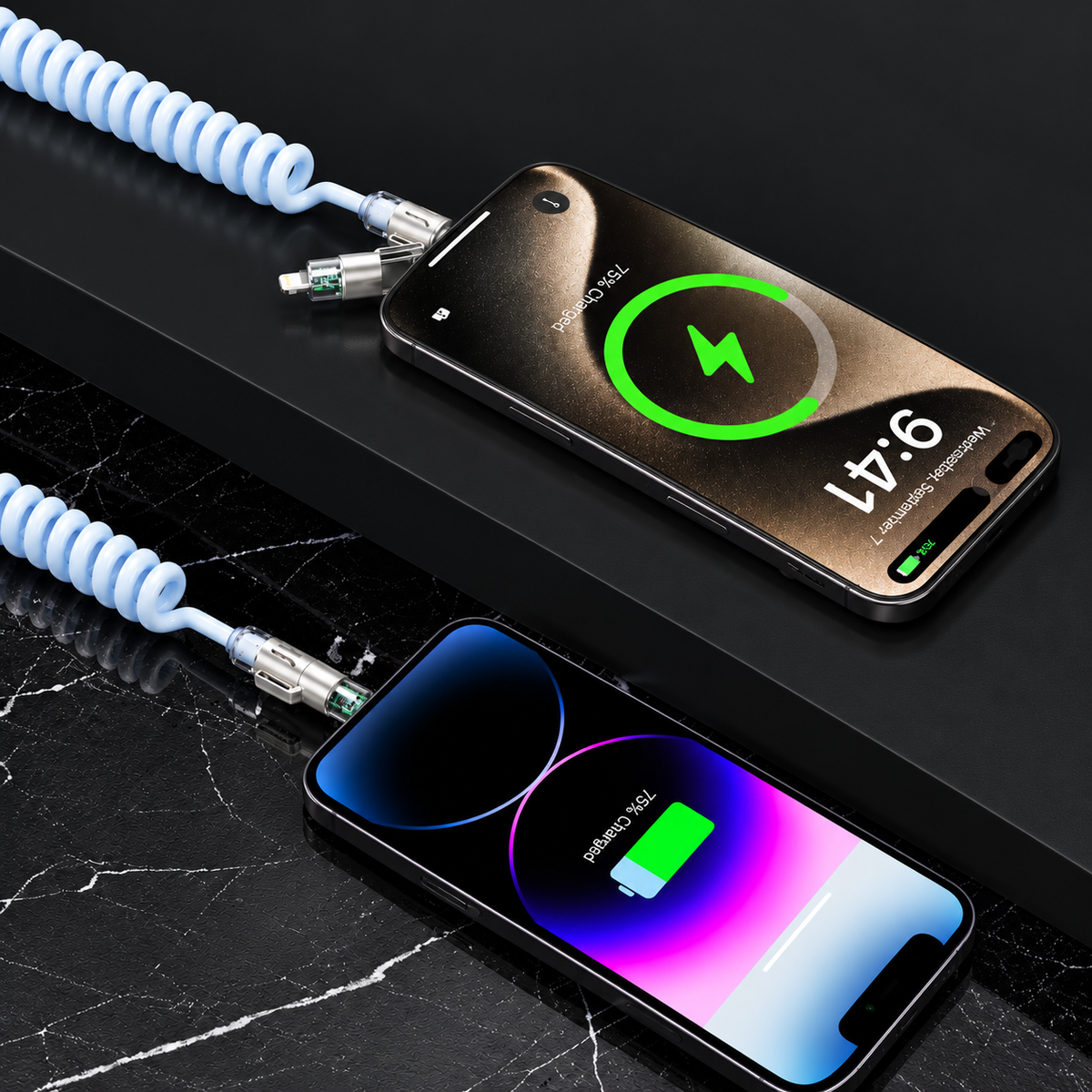 Cavo Ricarica Rapida 4 in 1 fino a 240W con Profumazione Integrata, Spirale Estensibile per Auto, Compatibile con CarPlay e Trasferimento Dati, USB-A/USB-C a Type-C/Lightning – BS240W