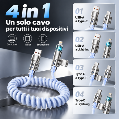 Cavo Ricarica Rapida 4 in 1 fino a 240W con Profumazione Integrata, Spirale Estensibile per Auto, Compatibile con CarPlay e Trasferimento Dati, USB-A/USB-C a Type-C/Lightning – BS240W