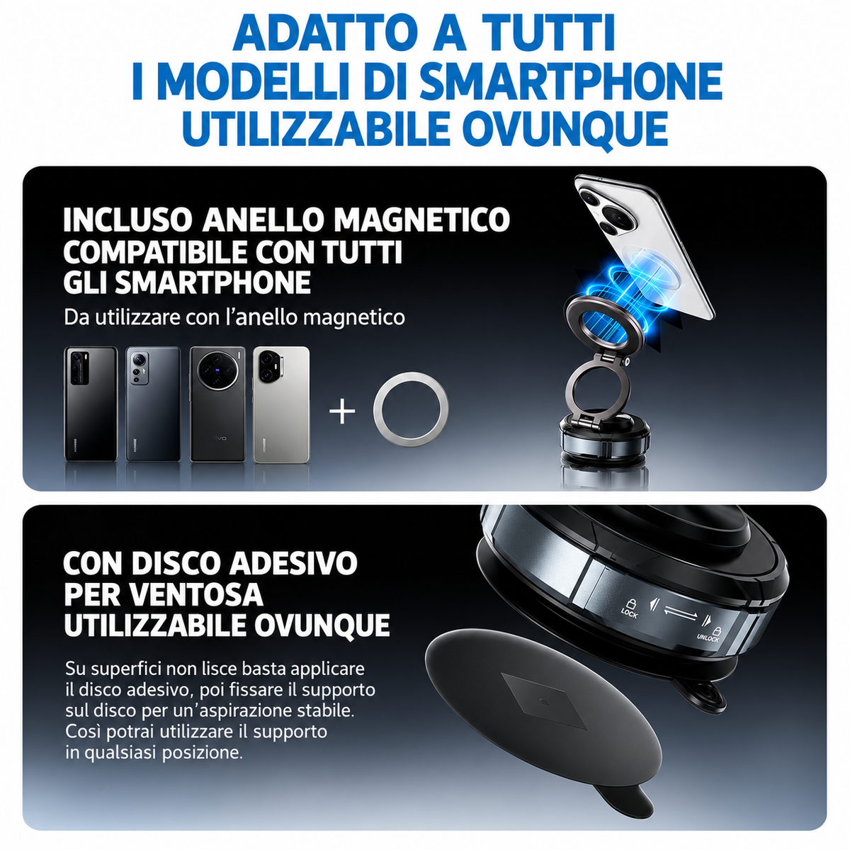 Supporto Magnetico per Smartphone N52 con Ventosa – Pieghevole, Rotazione 360°, Regolazione Multi-Angolo per Auto, Casa e Ufficio - SD07