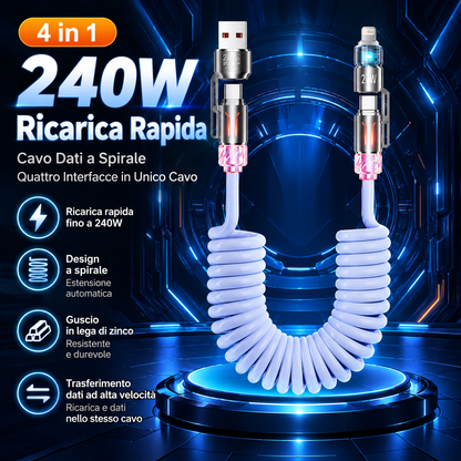 Cavo Ricarica Rapida 4 in 1 fino a 240W con Profumazione Integrata, Spirale Estensibile per Auto, Compatibile con CarPlay e Trasferimento Dati, USB-A/USB-C a Type-C/Lightning – BS240W