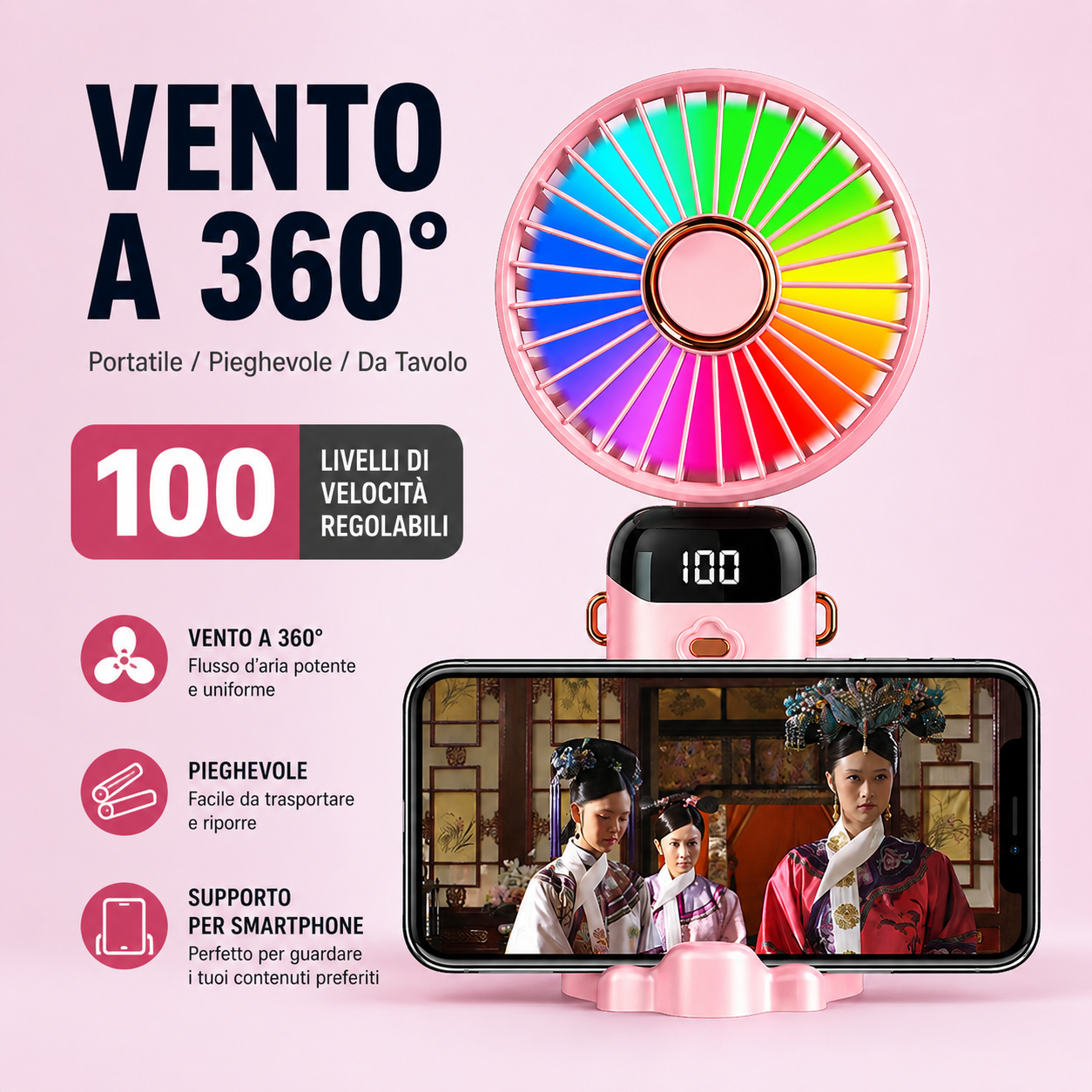 Ventilatore Mini Portatile Pieghevole | Ricarica USB Type-C | Ventilatore da Collo con Laccetto | 100 Livelli di Velocità | Display LED | Regolazione a 90° | Silenzioso | Ventilatore Compatto da Viaggio-N15