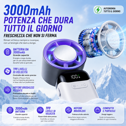Ventilatore Portatile con Display LED, Motore Brushless 100.000 RPM, Batteria 3000 mAh, 199 Livelli di Velocità, Piastra in Ceramica a Contatto, Pieghevole 100°, da Collo, Tavolo e Mano - 16N