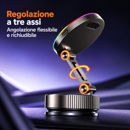Supporto Magnetico per Smartphone K13 con Ricarica Wireless 15W e Luce RGB – Ventosa a Vuoto, Rotazione 360°, Braccio Pieghevole Regolabile, Base con Blocco a Rotazione per Auto, Scrivania e Casa-K13