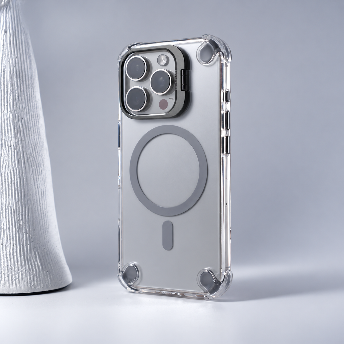 Cover Trasparente con Supporto Integrato nella Cornice Fotocamera per iPhone | MagSafe & Anti-Urto CS07