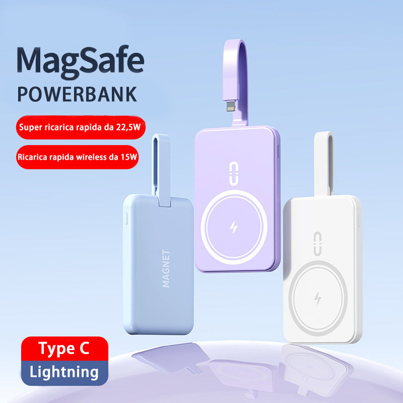 Power bank portatile di grande capacità da 10.000 mAh, con ricarica rapida wireless magnetica di emergenza e cavo integrato - YJ01