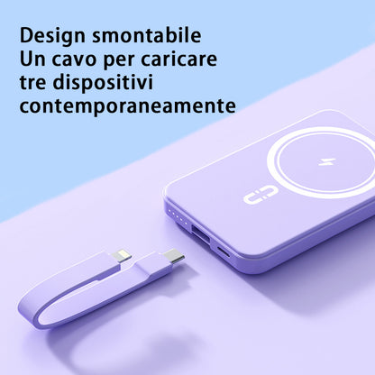 Power bank portatile di grande capacità da 10.000 mAh, con ricarica rapida wireless magnetica di emergenza e cavo integrato - YJ01