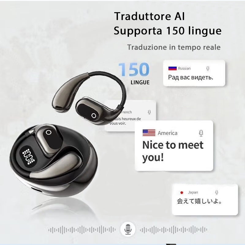 Nuovi auricolari AI intelligenti | Traduzione in tempo reale | Bluetooth | Lunga autonomia | Design OWS open-ear | Gancio auricolare comodo - Q26